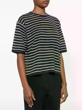 Theory Linen Blend Boyfriend Tee Size M Striped Navy White Stretchy Chic French